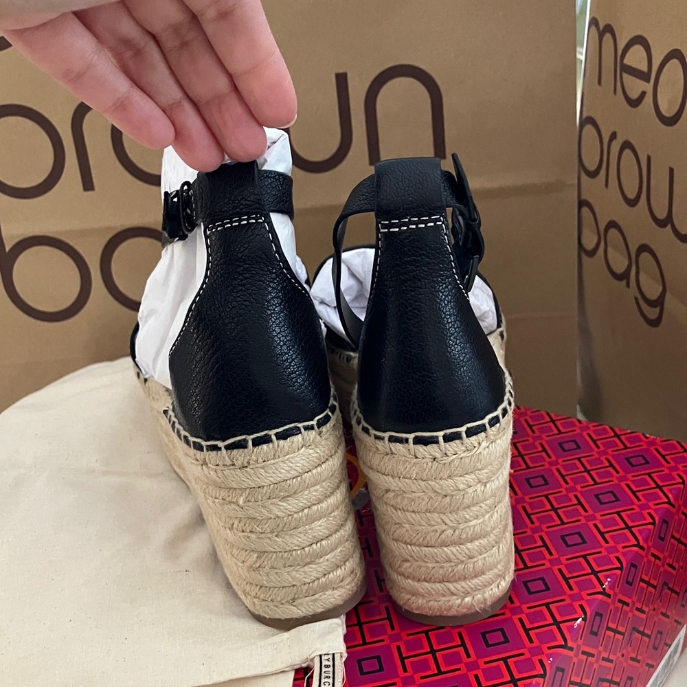 NEW Tory Burch black INES CAGE WEDGE Espadrille 80MM tumbled leather size 8 - Picture 5 of 12